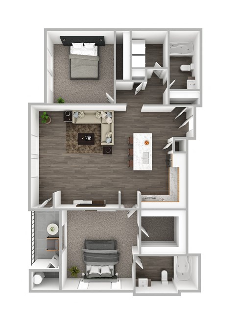 Floor plan for 2 beds, 2 baths, 1041 sqft